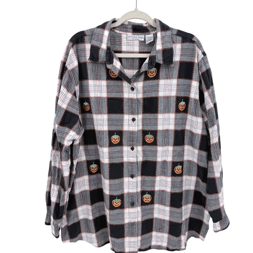 Victoria Jones Woman Halloween Plaid Pumpkin Embroidered Shirt Black Gray 24W